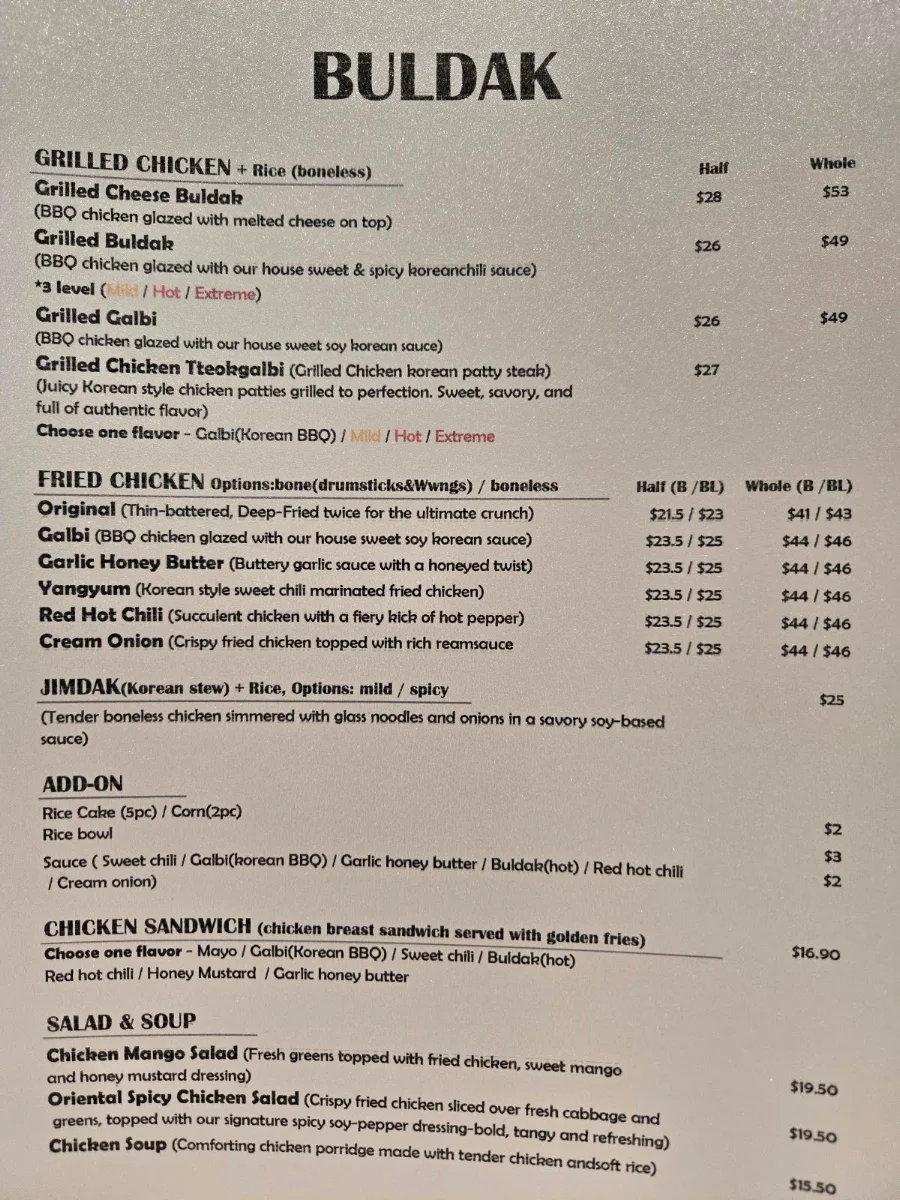 Menu, BULDAK(Korean BBQ &Fried chicken)