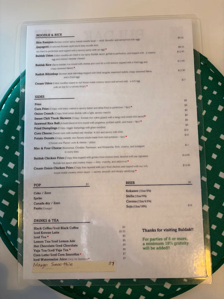 Menu, BULDAK(Korean BBQ &Fried chicken)