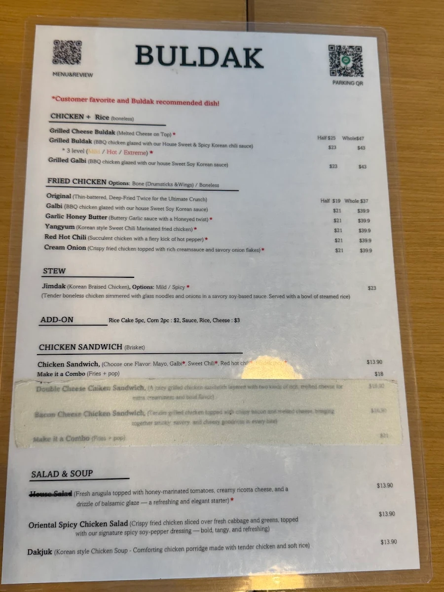 Menu, BULDAK(Korean BBQ &Fried chicken)