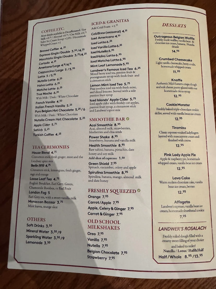 Menu, Cafe Landwer