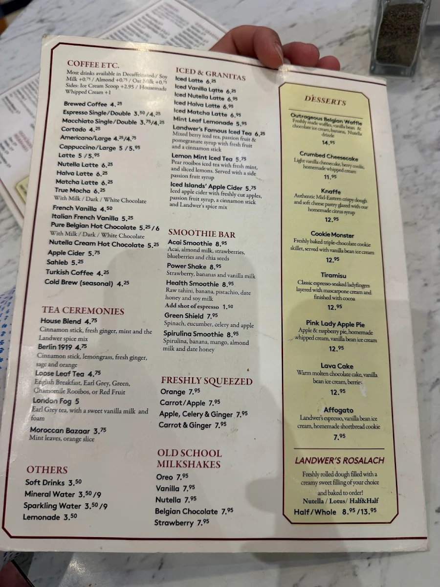Menu, Cafe Landwer