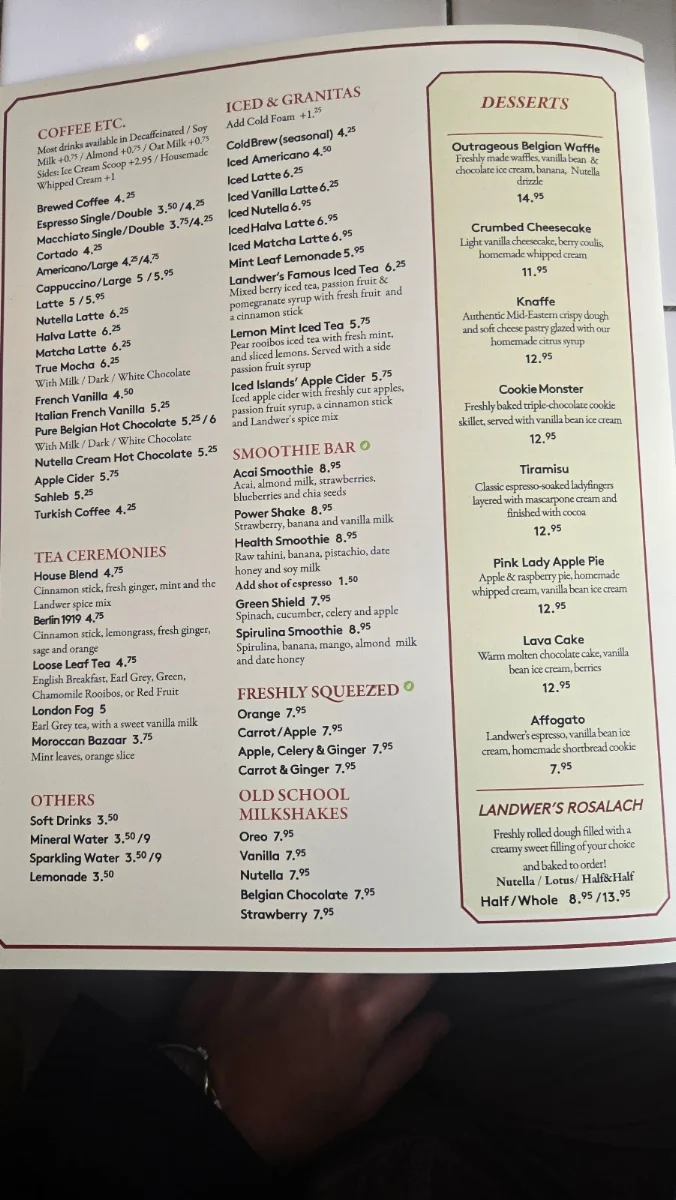 Menu, Cafe Landwer