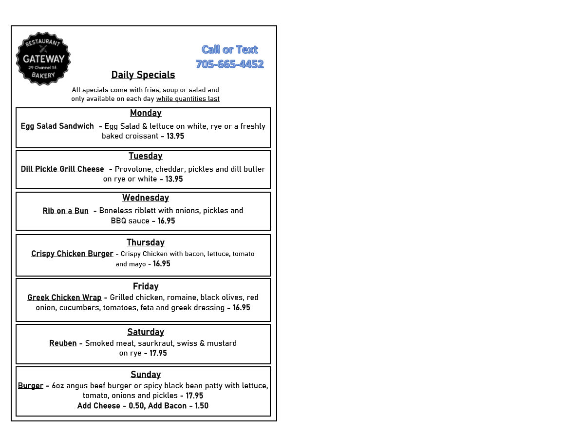 Menu, Gateway Restaurant and Bakery