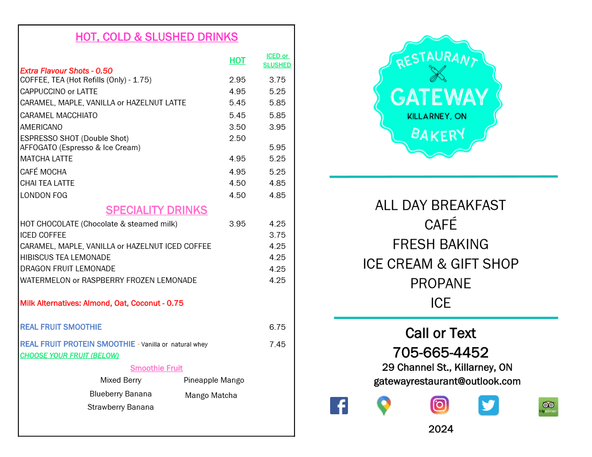 Menu, Gateway Restaurant and Bakery