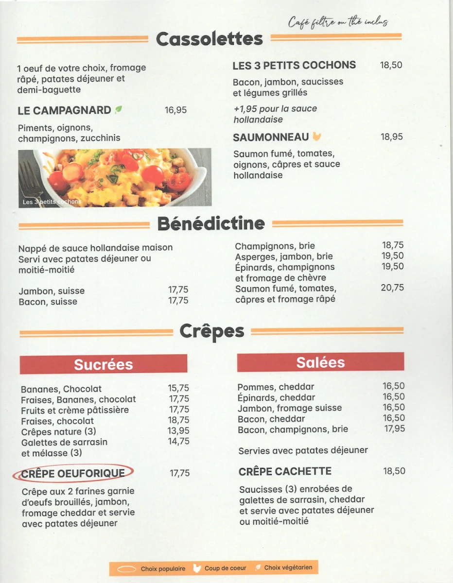 Menu, Restaurant L'Oeuforie Matinale