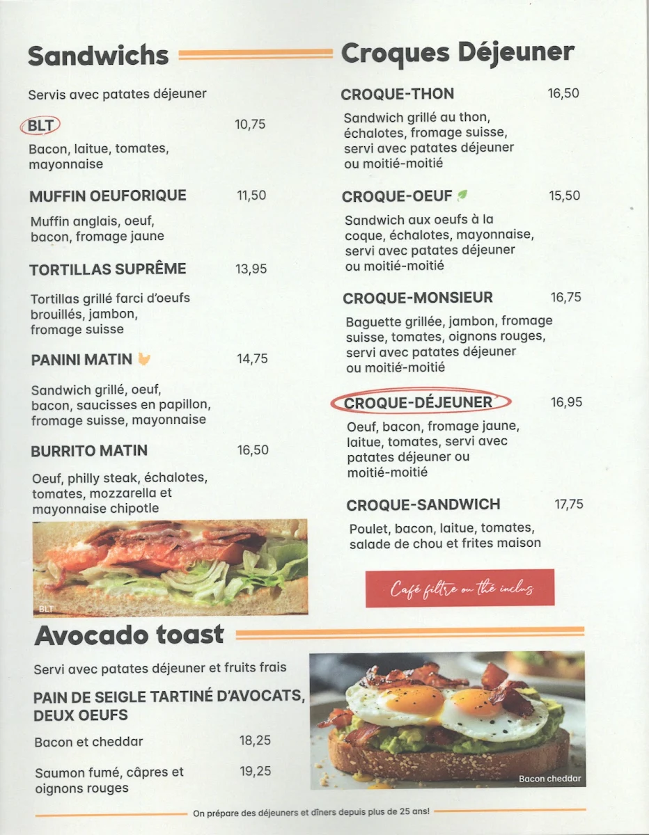 Menu, Restaurant L'Oeuforie Matinale