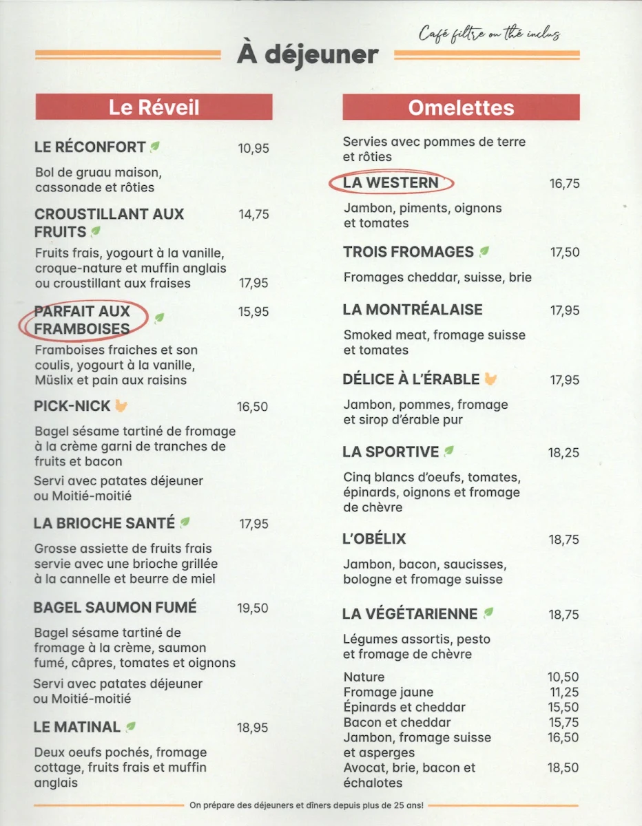 Menu, Restaurant L'Oeuforie Matinale