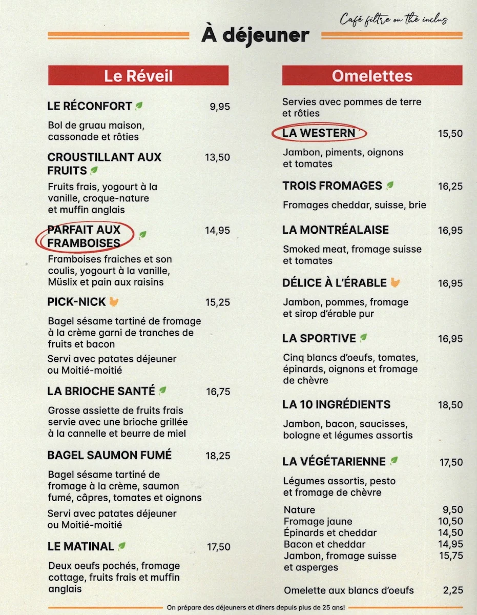 Menu, Restaurant L'Oeuforie Matinale