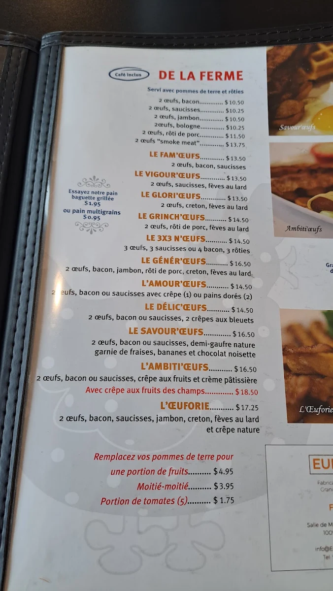 Menu, Restaurant L'Oeuforie Matinale
