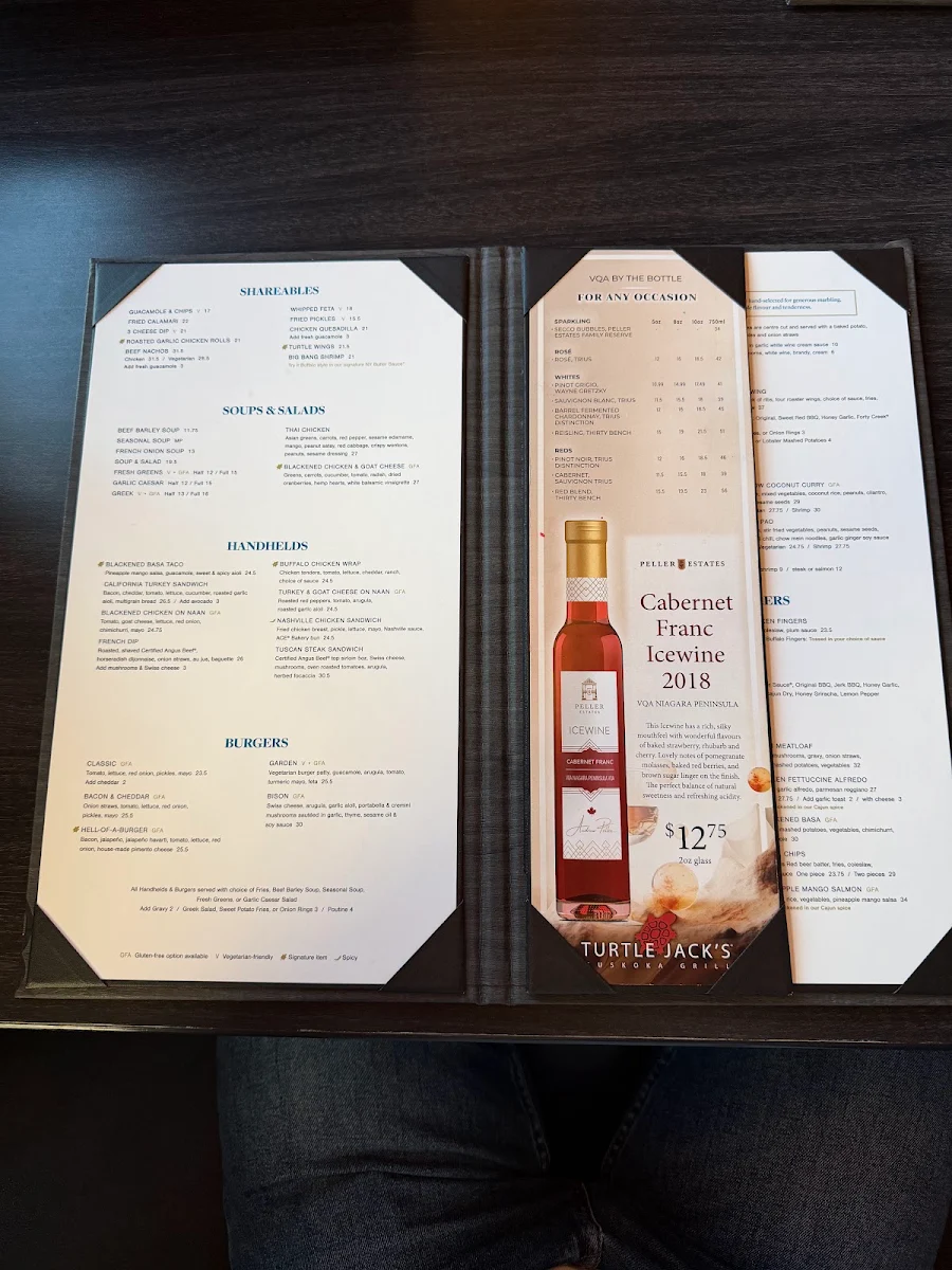 Menu, Turtle Jack's Niagara Falls