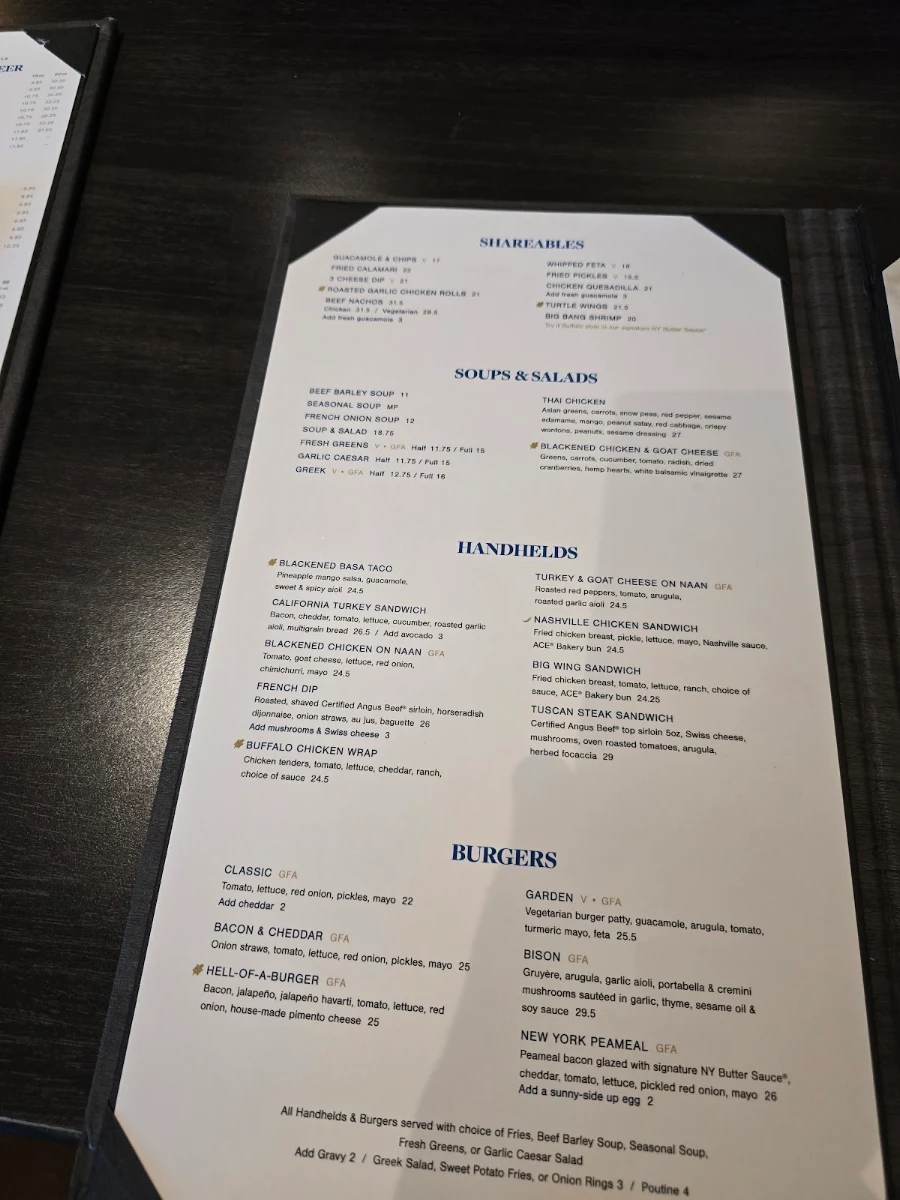 Menu, Turtle Jack's Niagara Falls