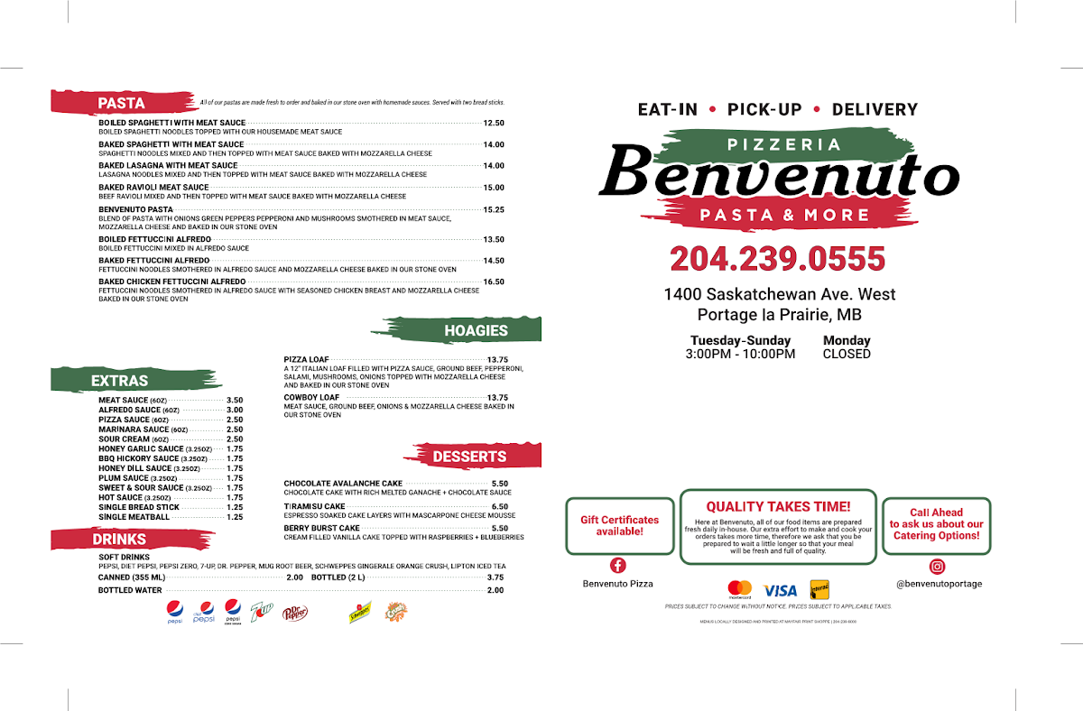 Menu, Benvenuto Pizzeria