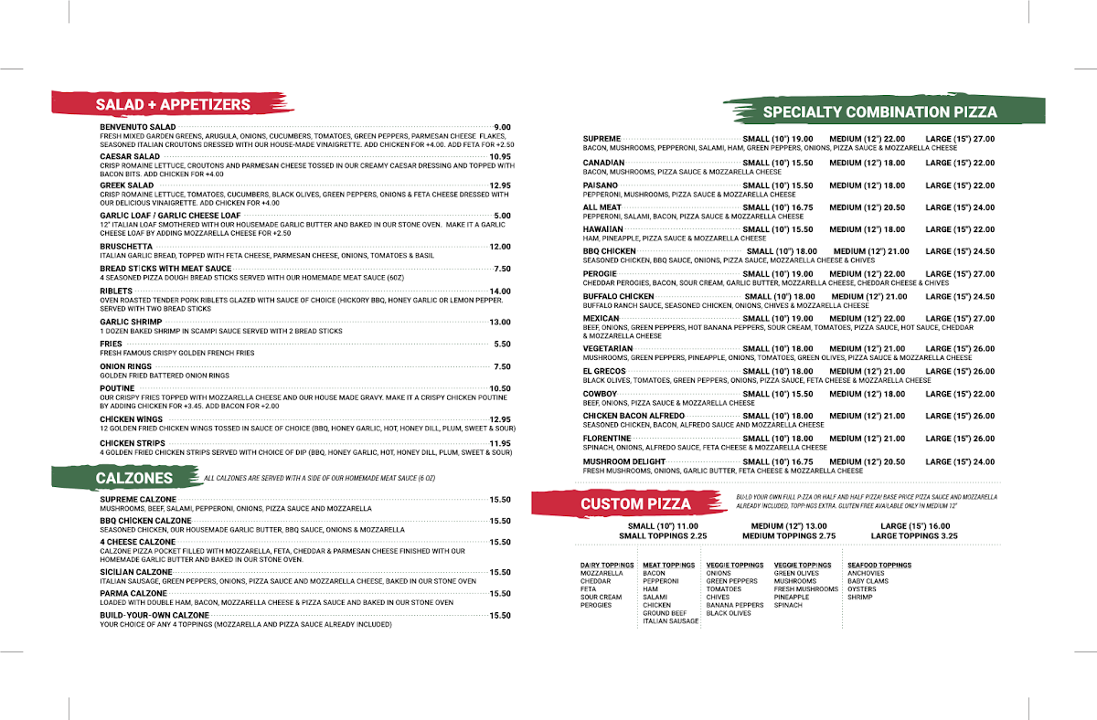 Menu, Benvenuto Pizzeria