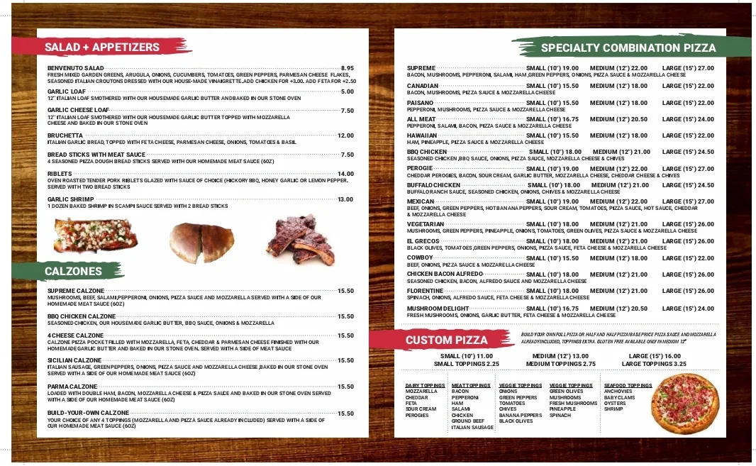 Menu, Benvenuto Pizzeria