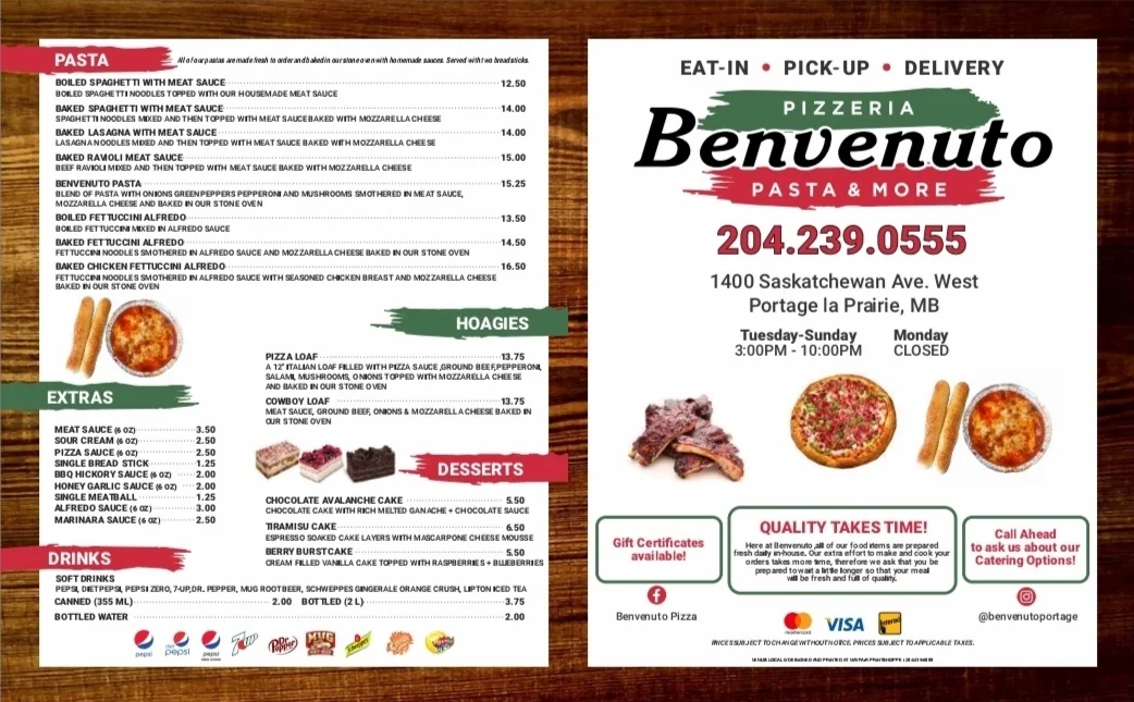 Menu, Benvenuto Pizzeria
