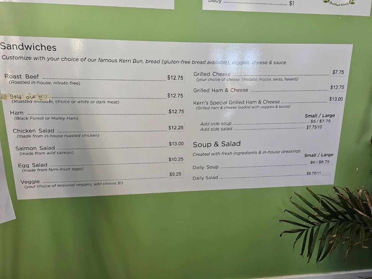 Menu, Kerri's Cafe and Bakery Inc.