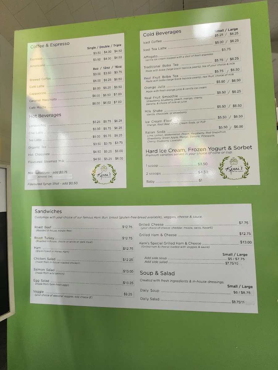Menu, Kerri's Cafe and Bakery Inc.