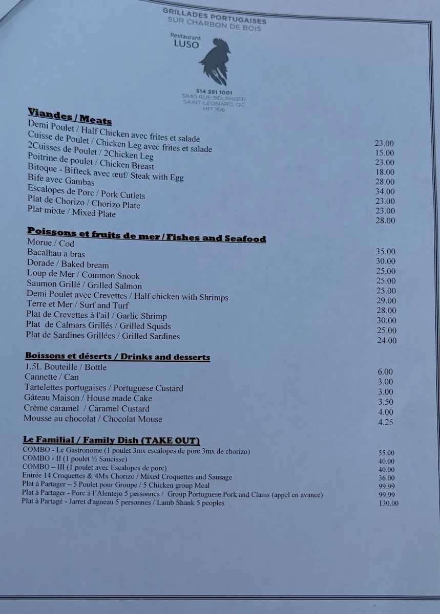 Menu, Restaurant Luso
