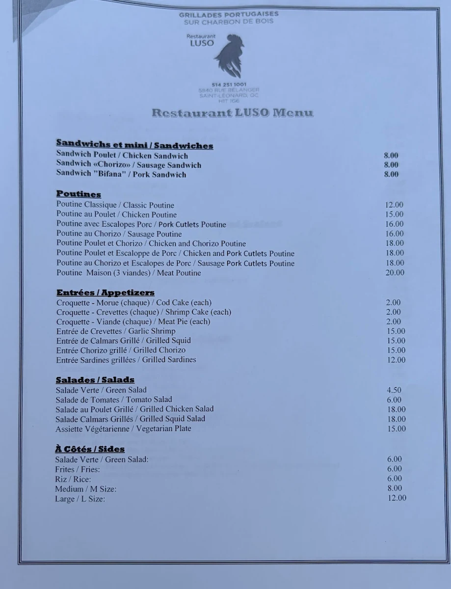 Menu, Restaurant Luso