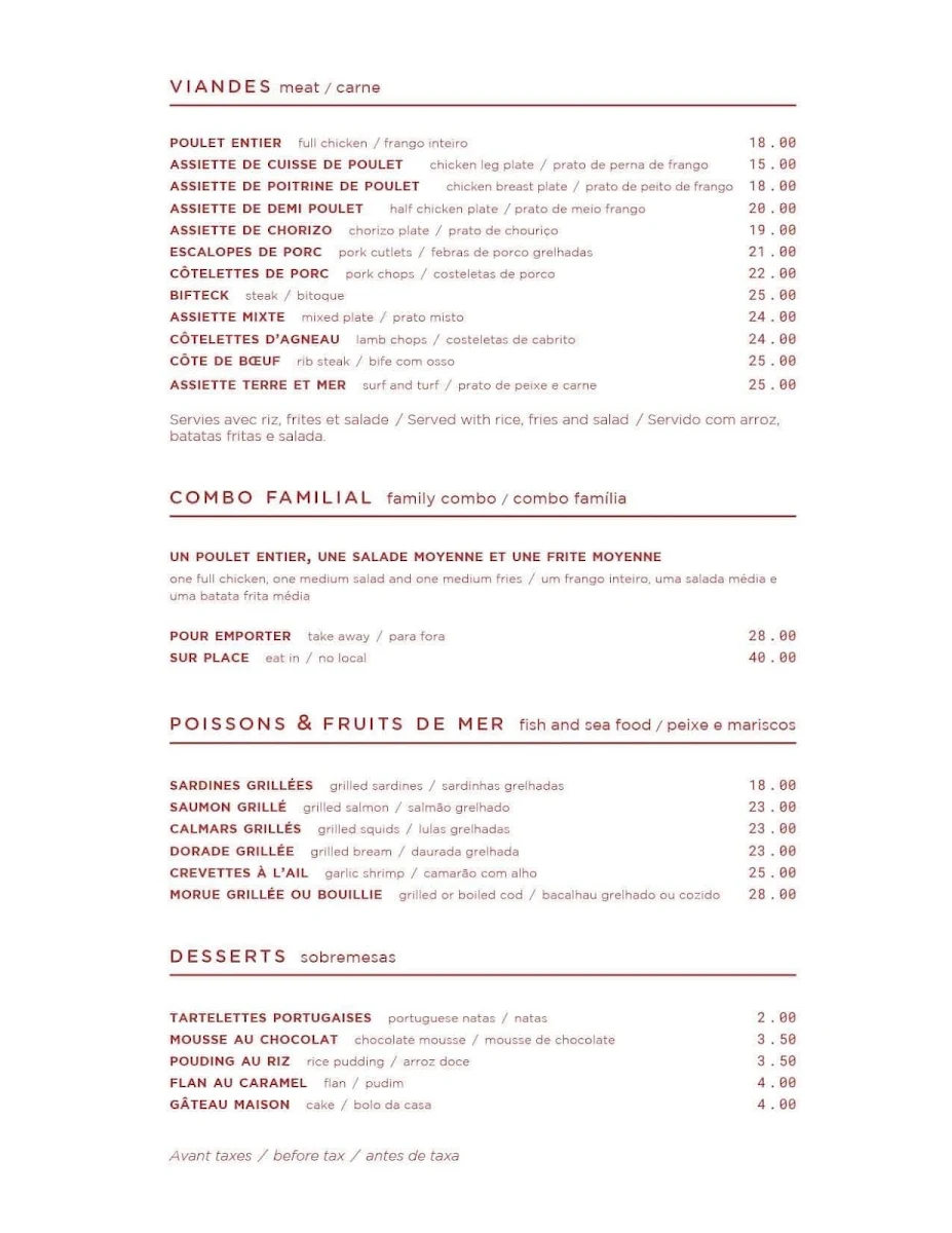 Menu, Restaurant Luso