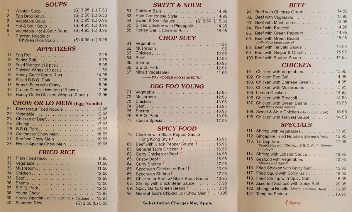 Menu, Golden Gate Chinese Restaurant