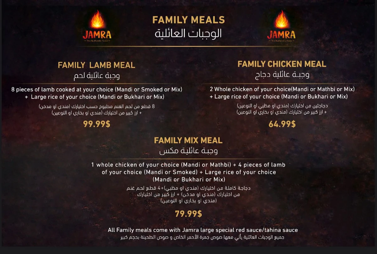 Menu, Jamra Restaurant