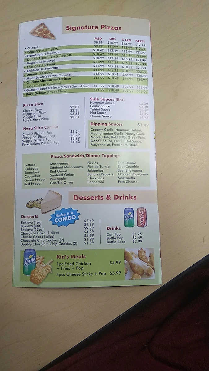 Menu, East Coast Donair
