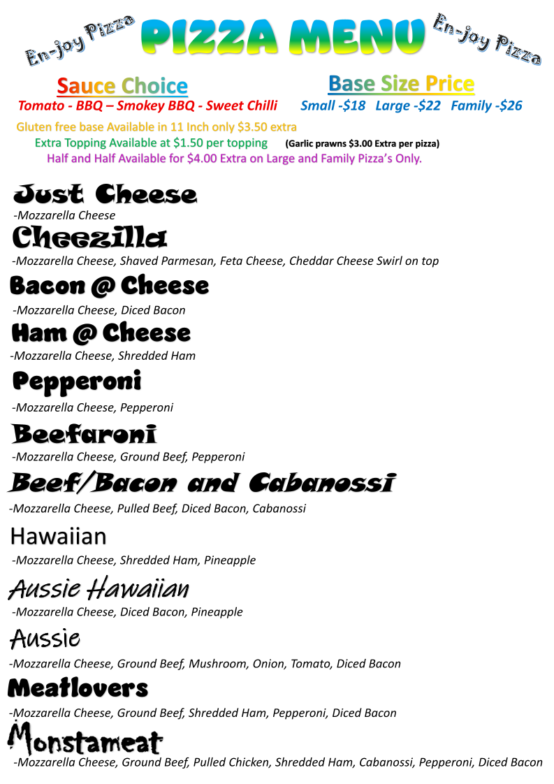 Menu, En-Joy Pizza