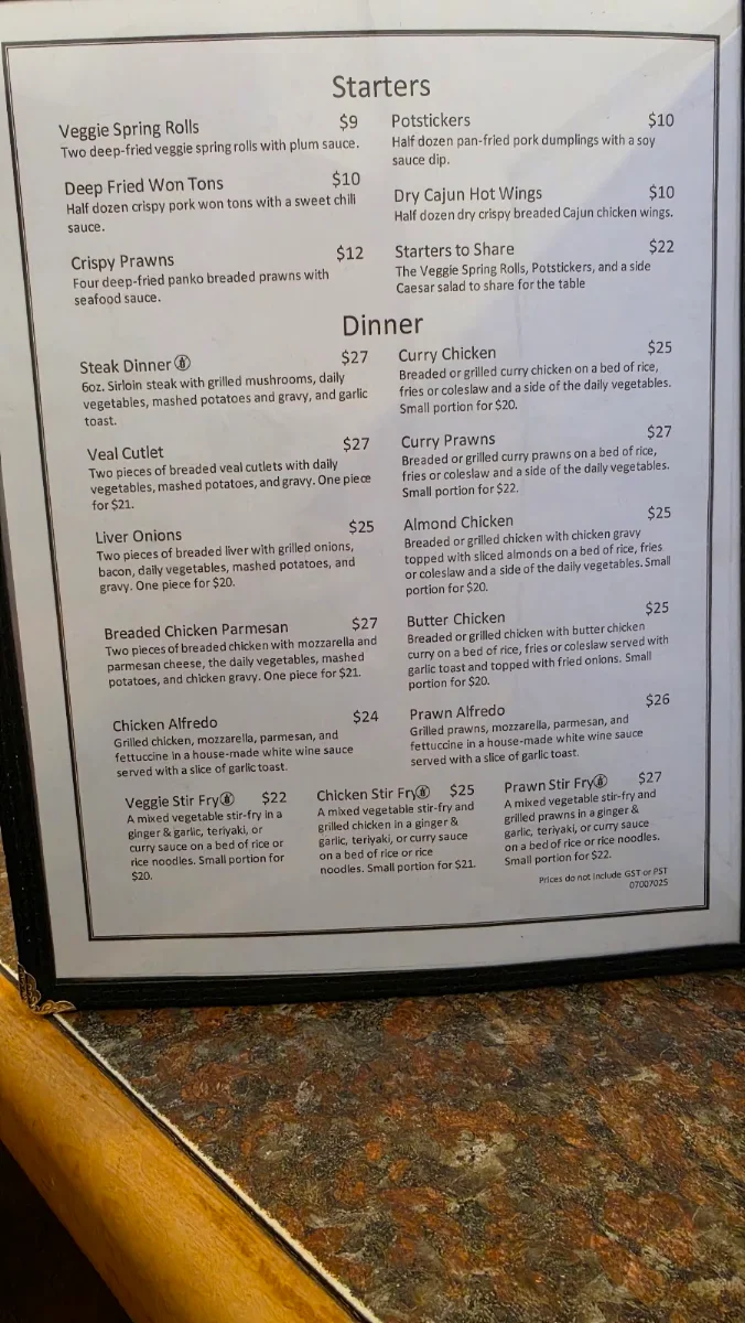 Menu, Bonnie Martin Restaurant