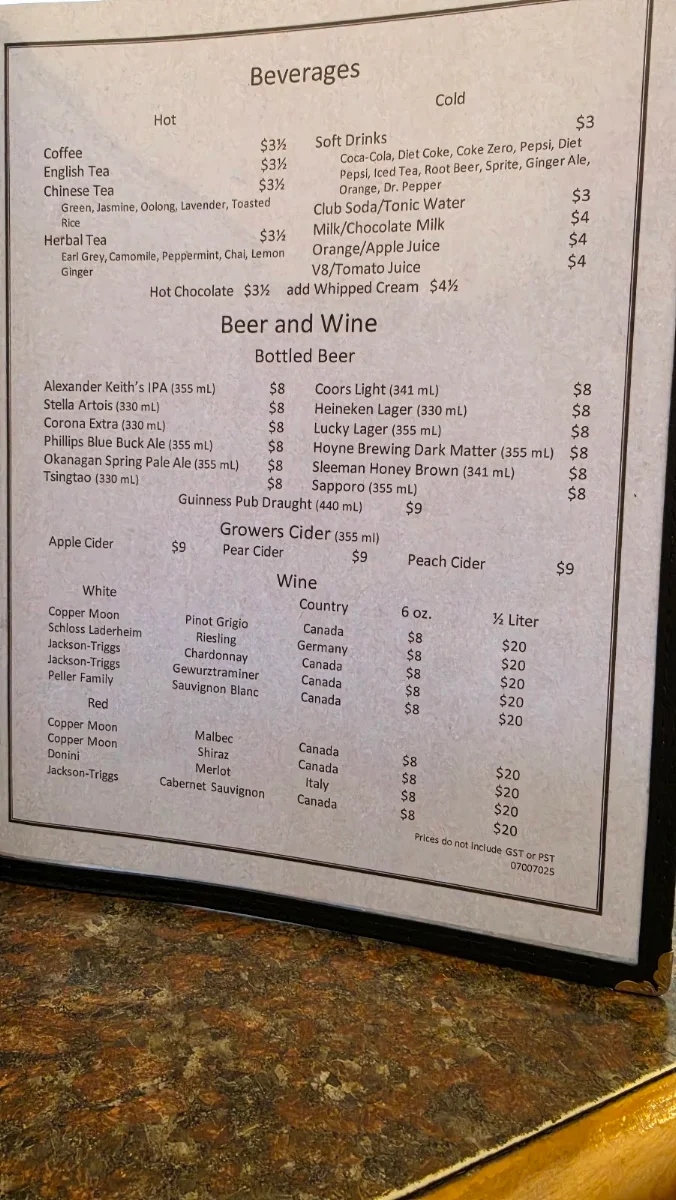 Menu, Bonnie Martin Restaurant