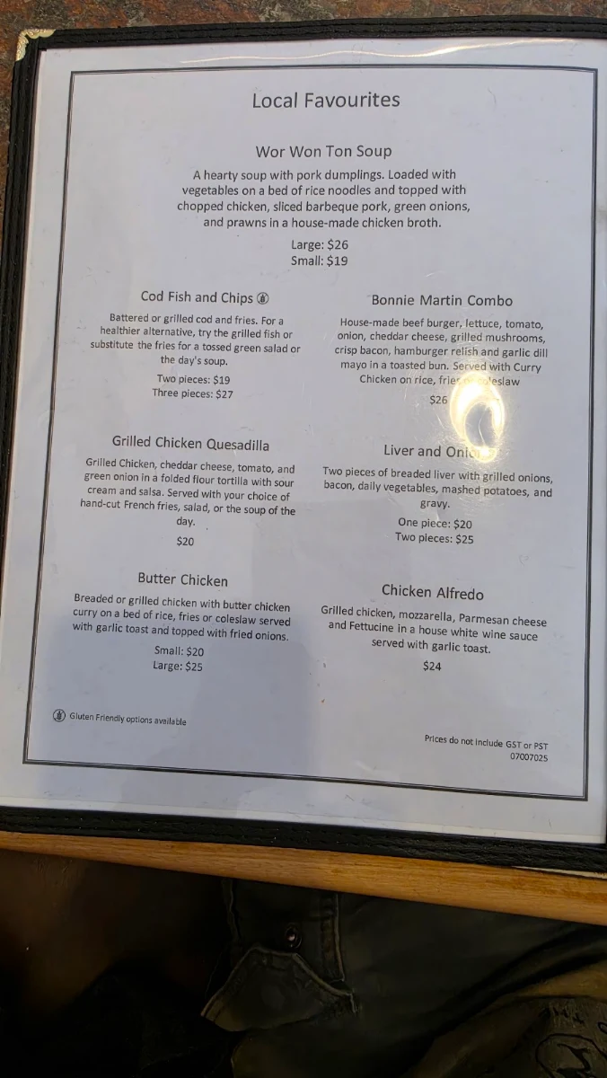 Menu, Bonnie Martin Restaurant