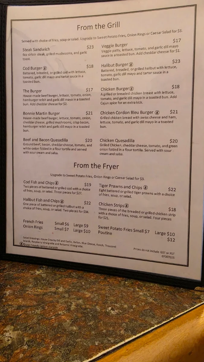 Menu, Bonnie Martin Restaurant
