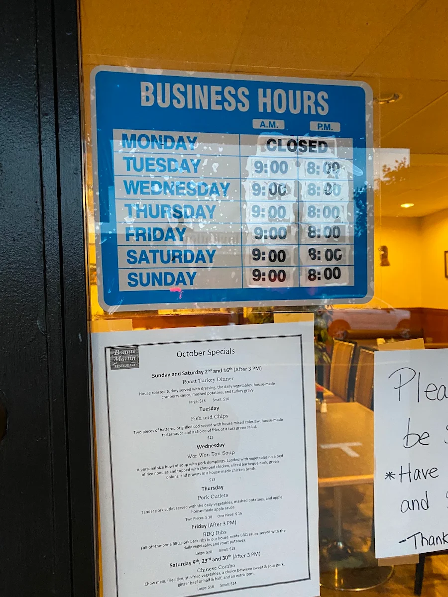 Menu, Bonnie Martin Restaurant