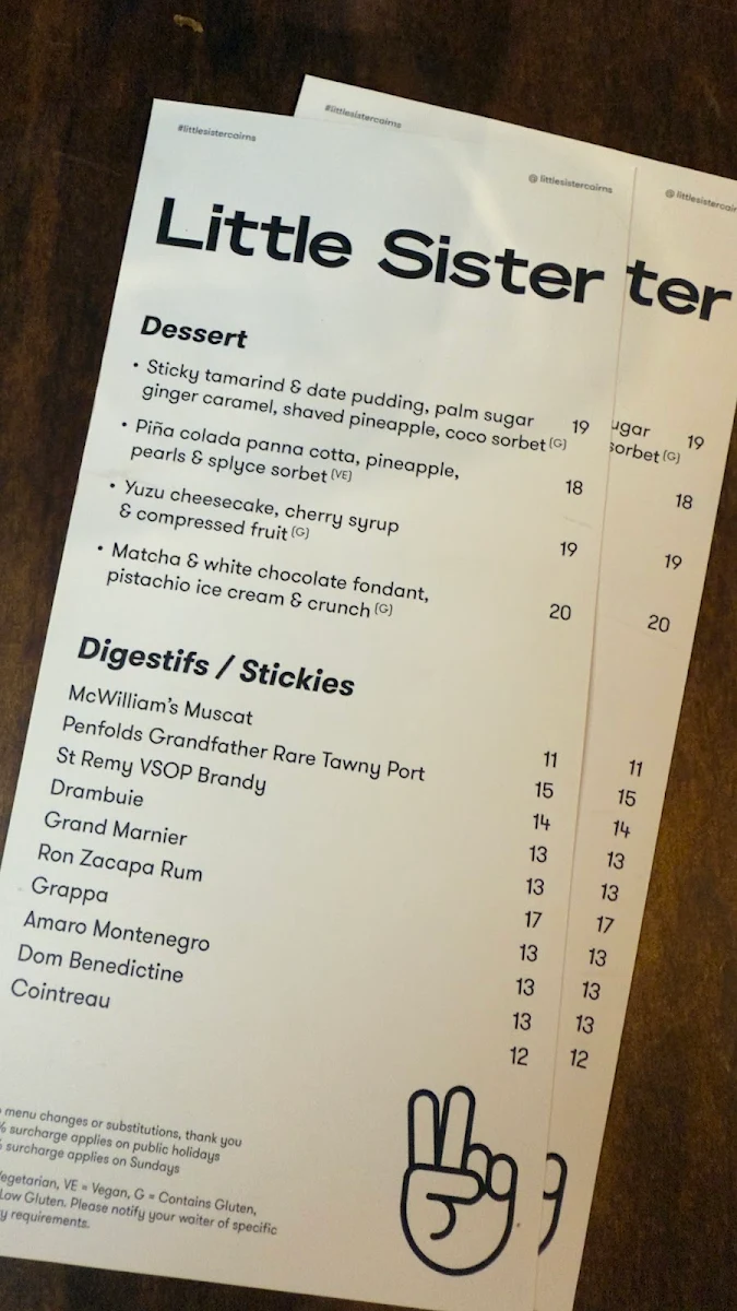 Menu, Little Sister Restaurant & Cocktail Bar