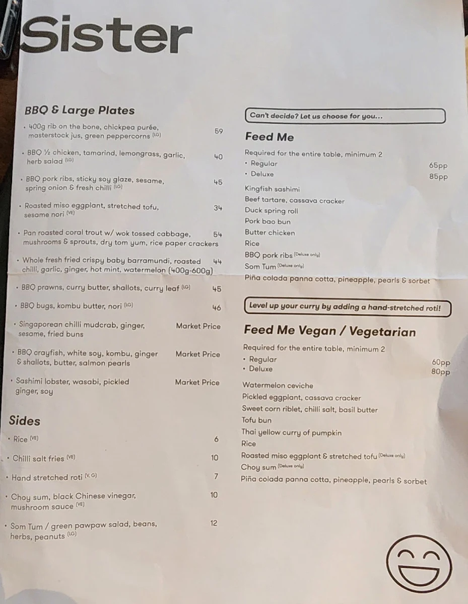 Menu, Little Sister Restaurant & Cocktail Bar