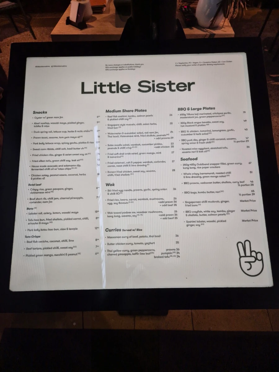 Menu, Little Sister Restaurant & Cocktail Bar