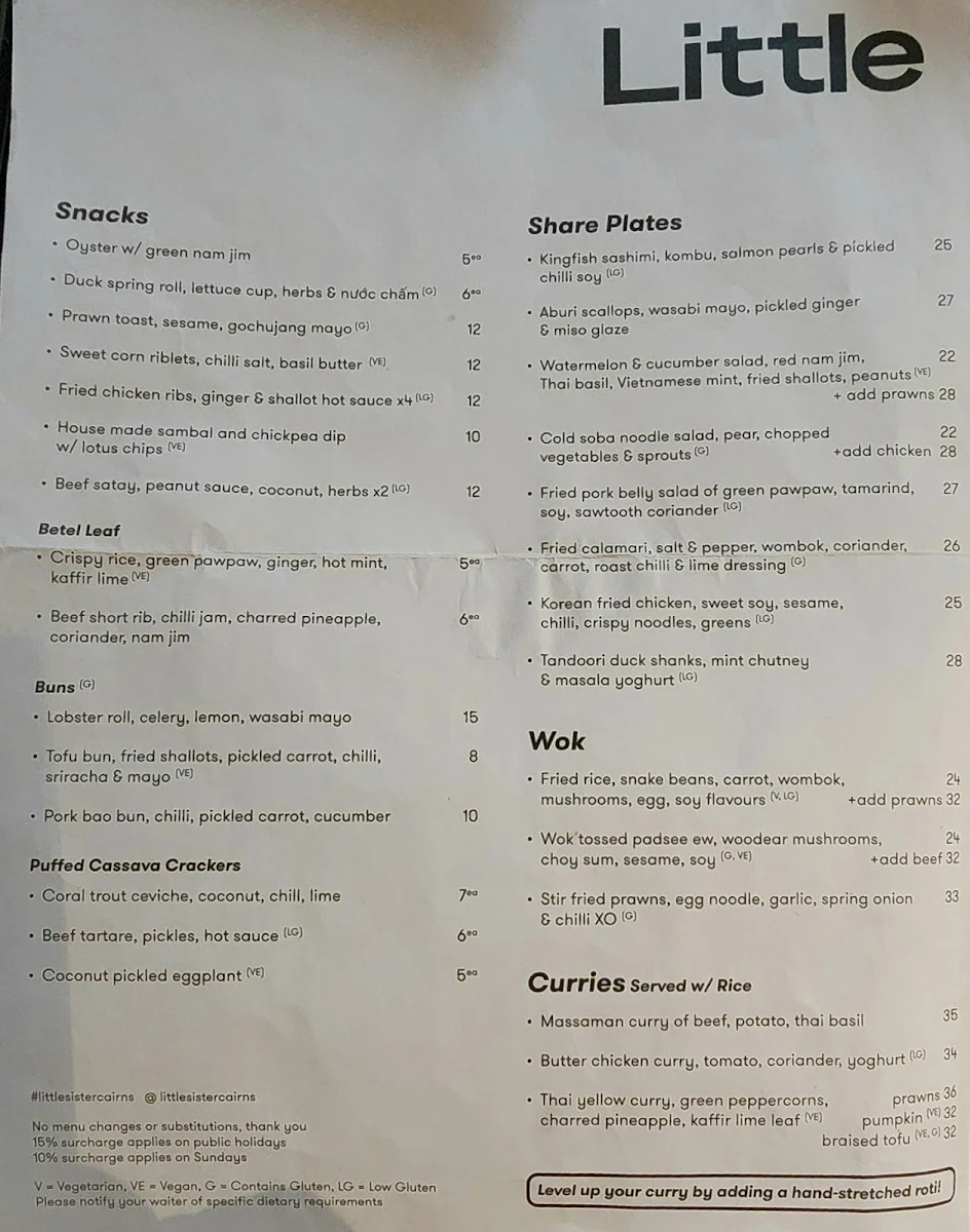 Menu, Little Sister Restaurant & Cocktail Bar