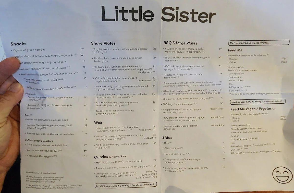 Menu, Little Sister Restaurant & Cocktail Bar