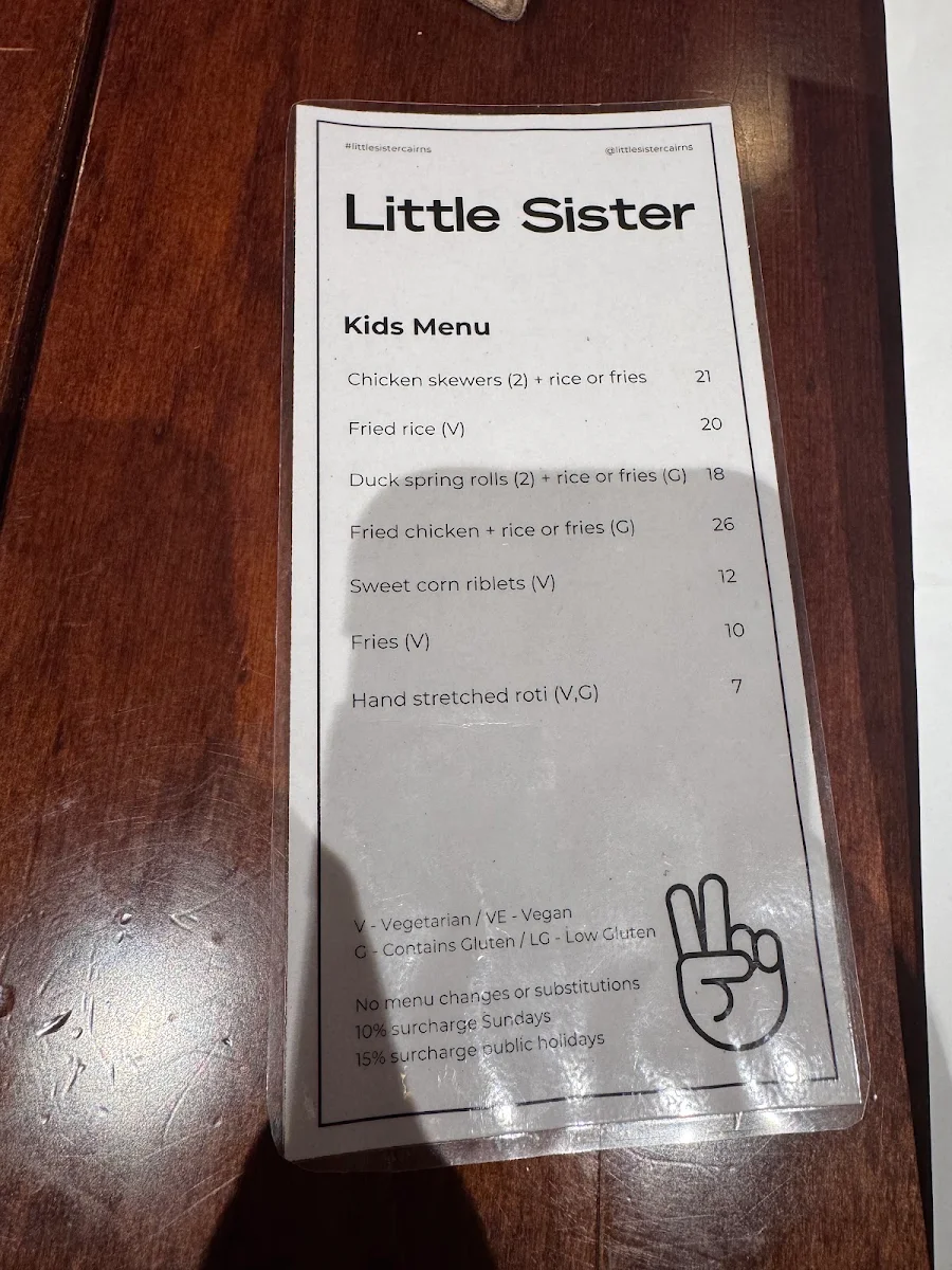 Menu, Little Sister Restaurant & Cocktail Bar
