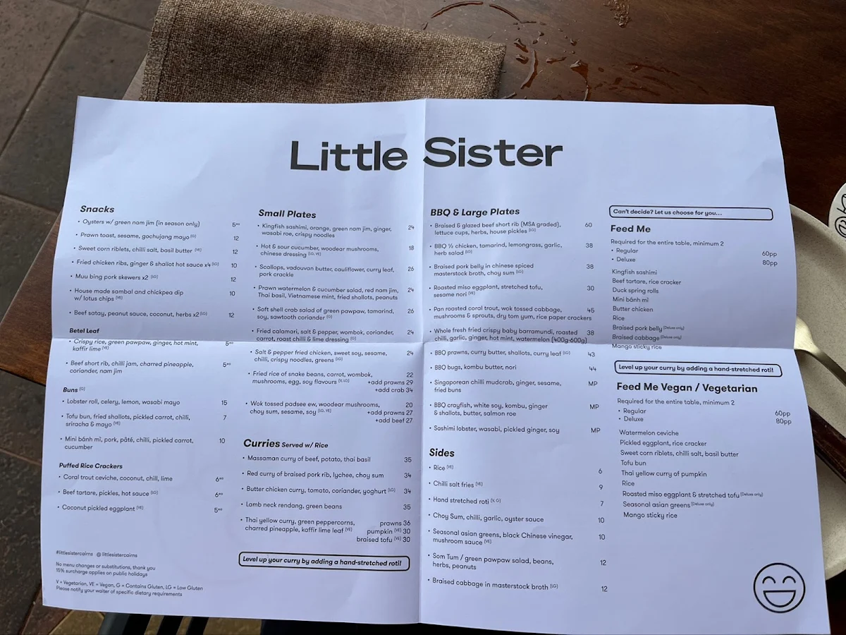 Menu, Little Sister Restaurant & Cocktail Bar