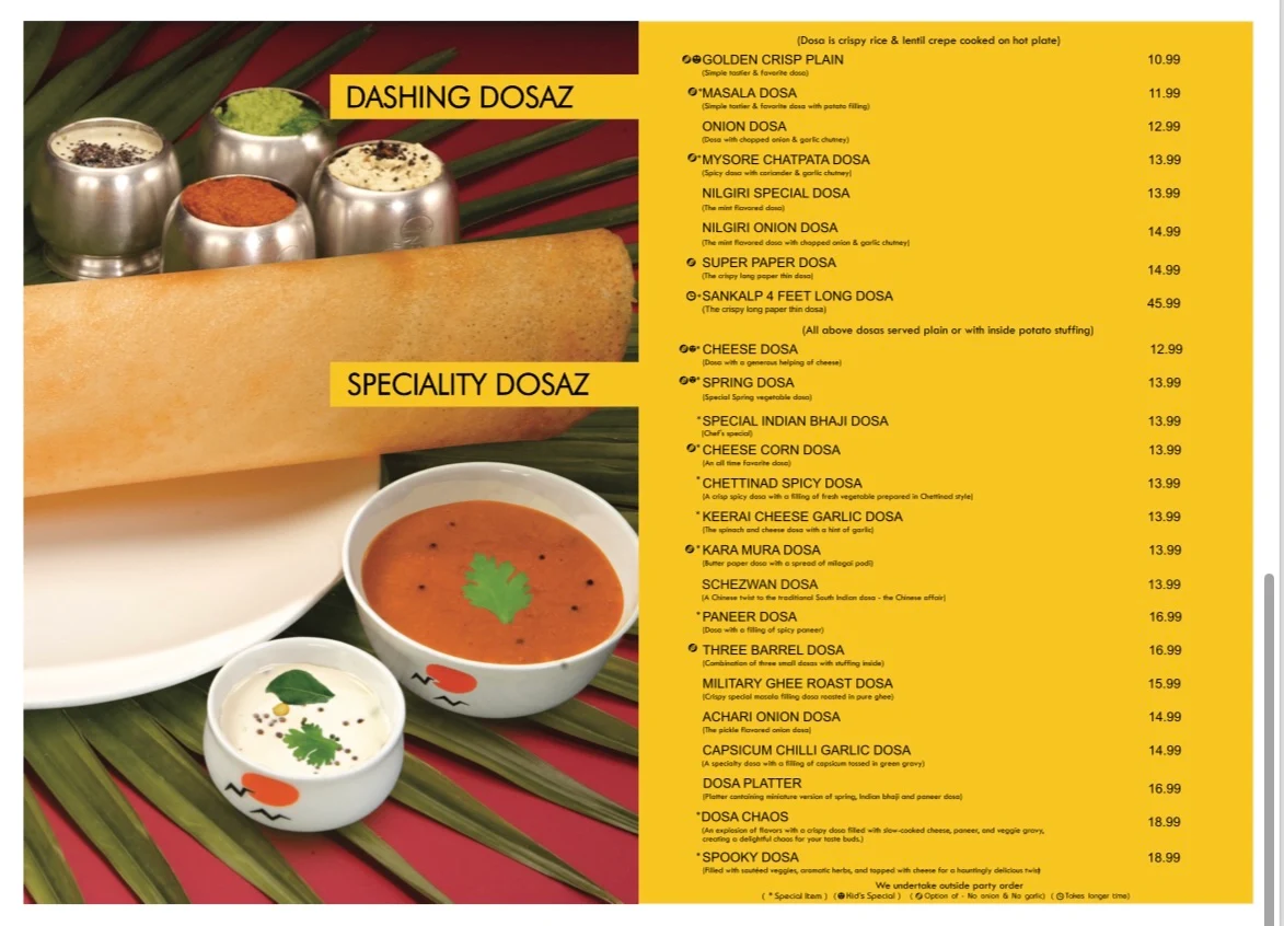 Menu, Sankalp Restaurant - The Taste Of India