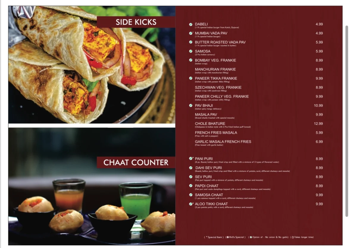 Menu, Sankalp Restaurant - The Taste Of India