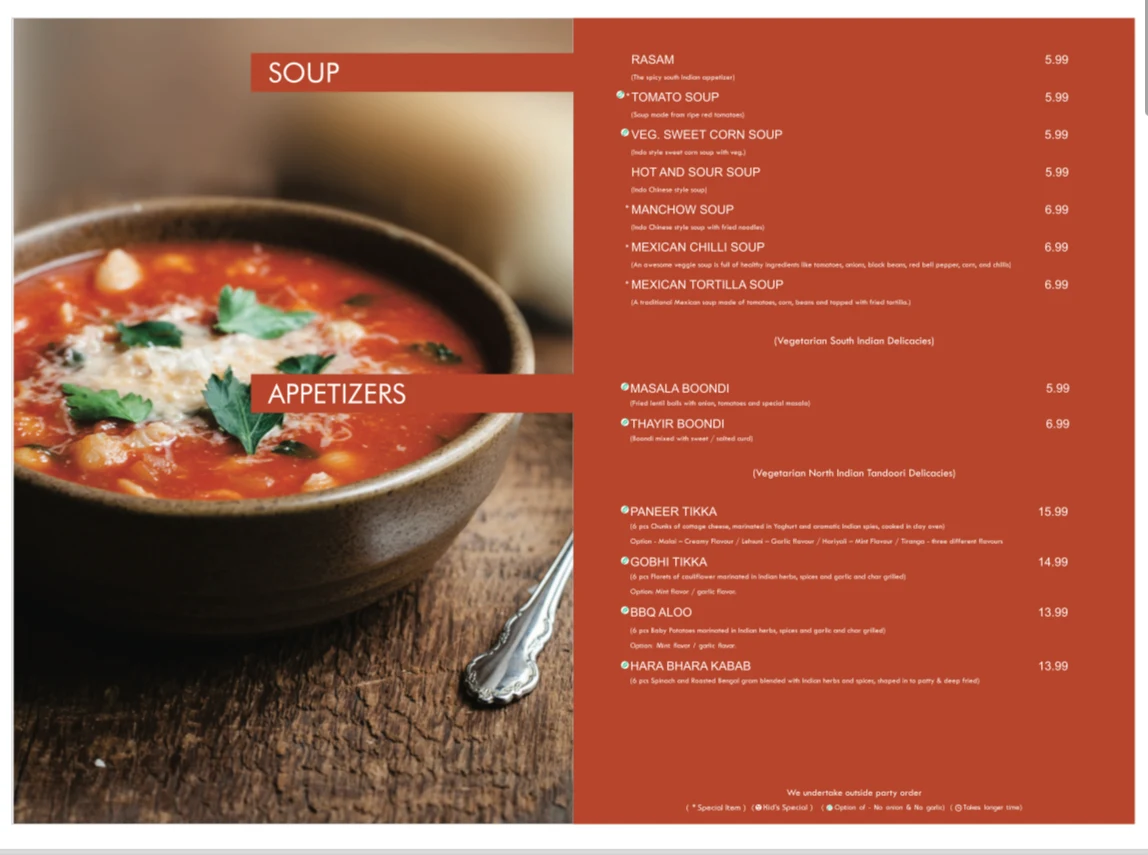 Menu, Sankalp Restaurant - The Taste Of India
