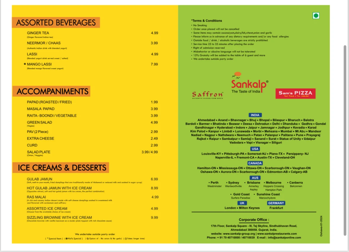 Menu, Sankalp Restaurant - The Taste Of India