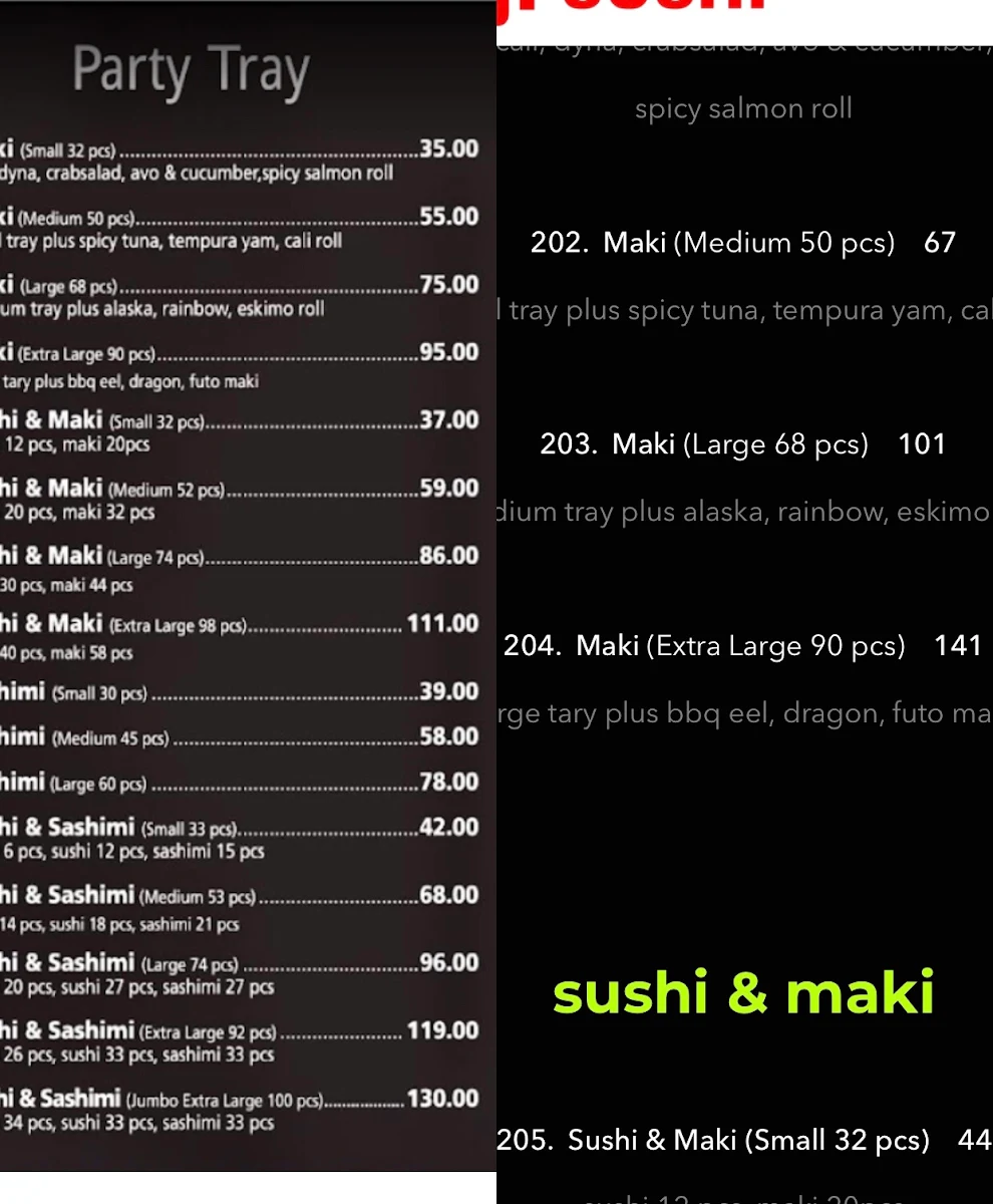 Menu, Toji Sushi