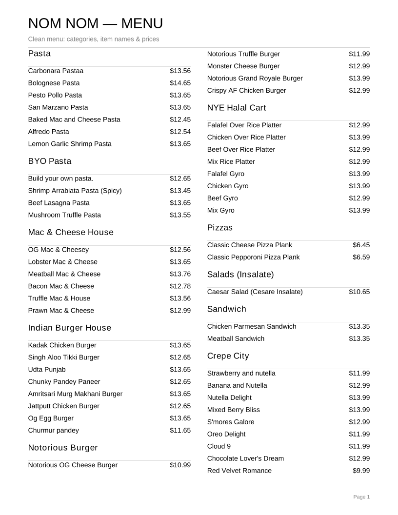 Menu, Nom Nom kitchens