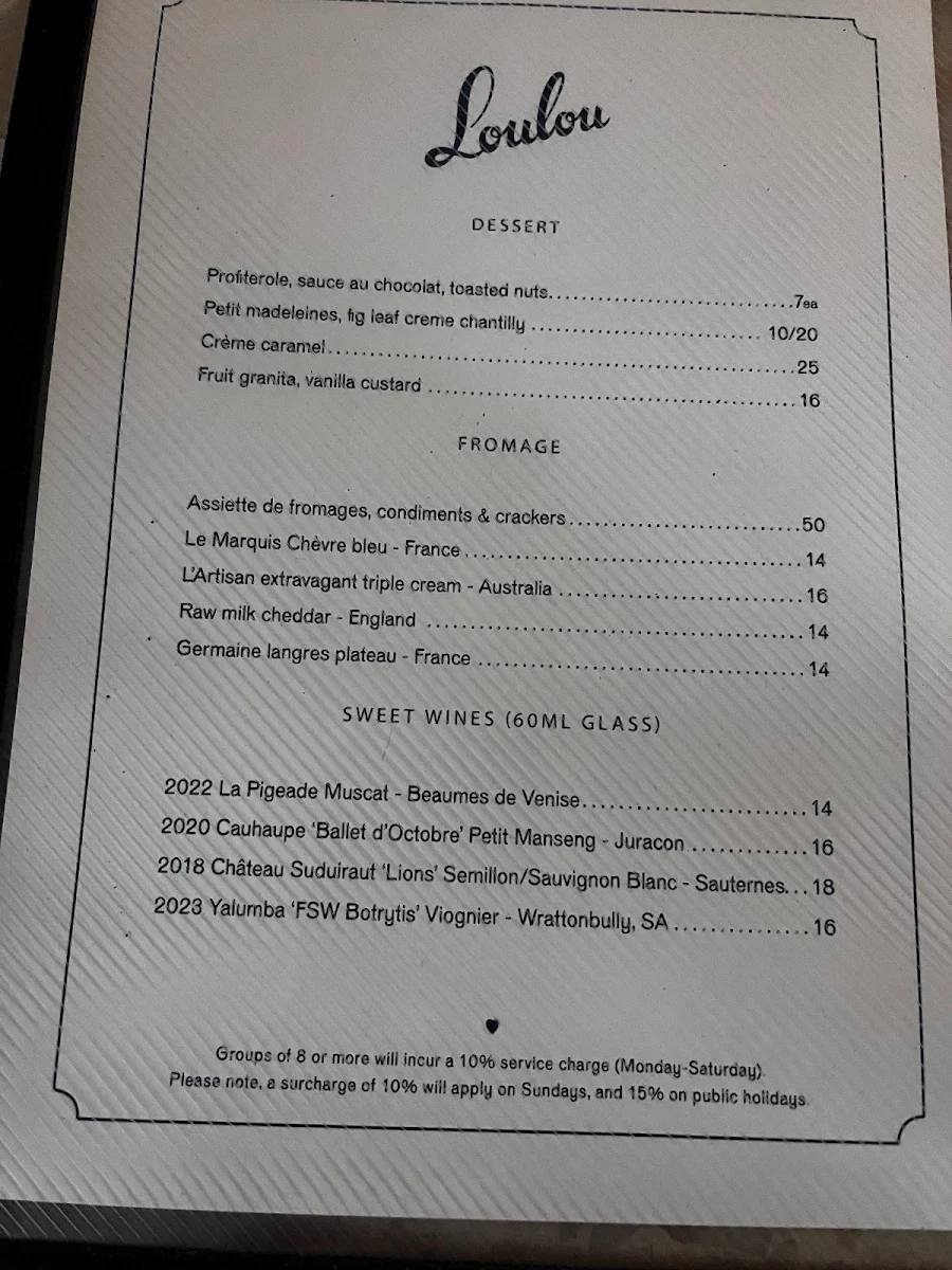 Menu, Loulou Bistro, Boulangerie & Traiteur
