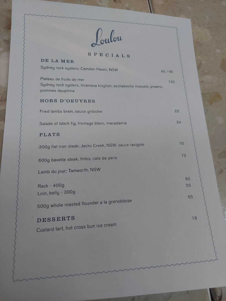 Menu, Loulou Bistro, Boulangerie & Traiteur