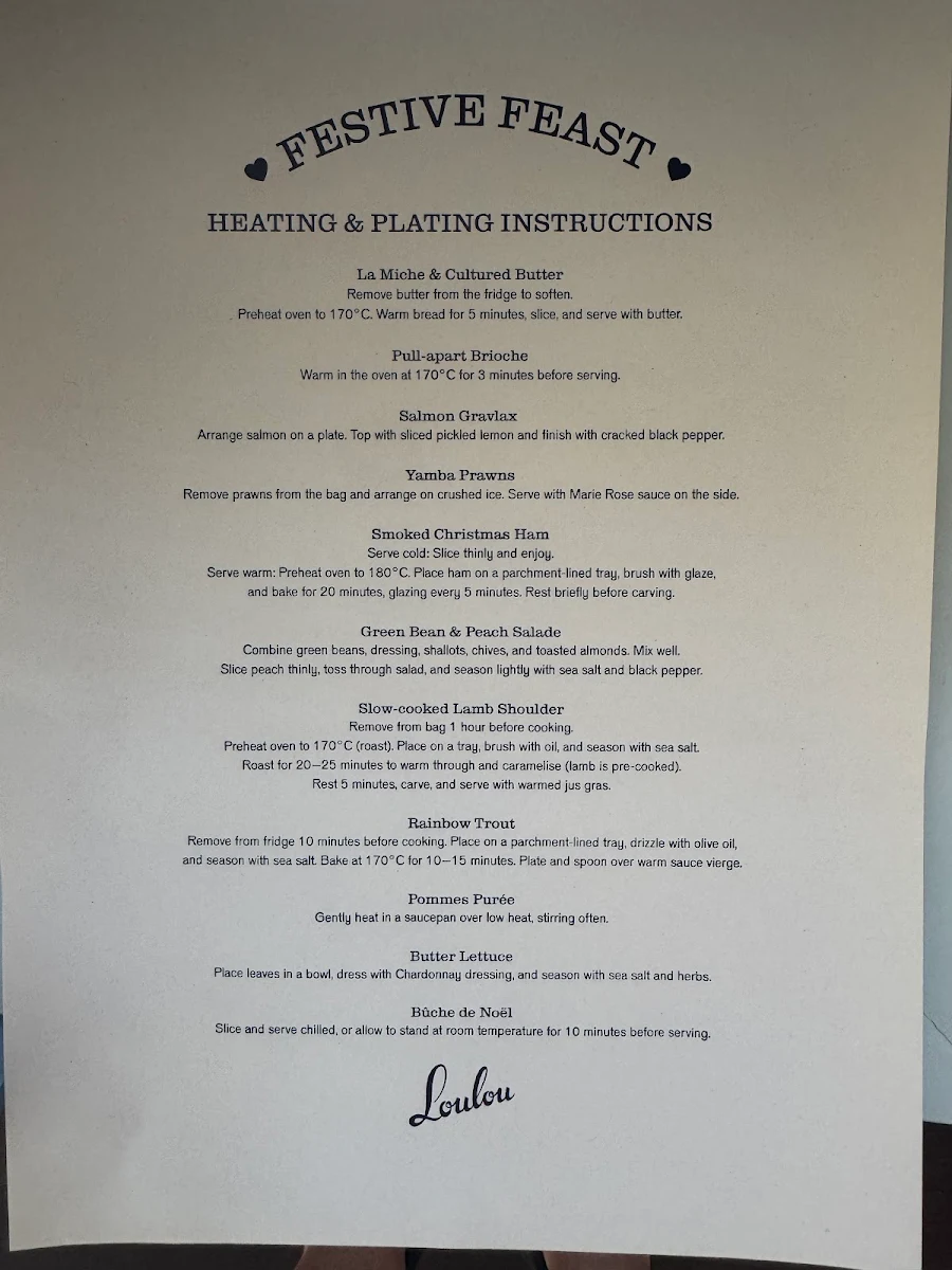 Menu, Loulou Bistro, Boulangerie & Traiteur