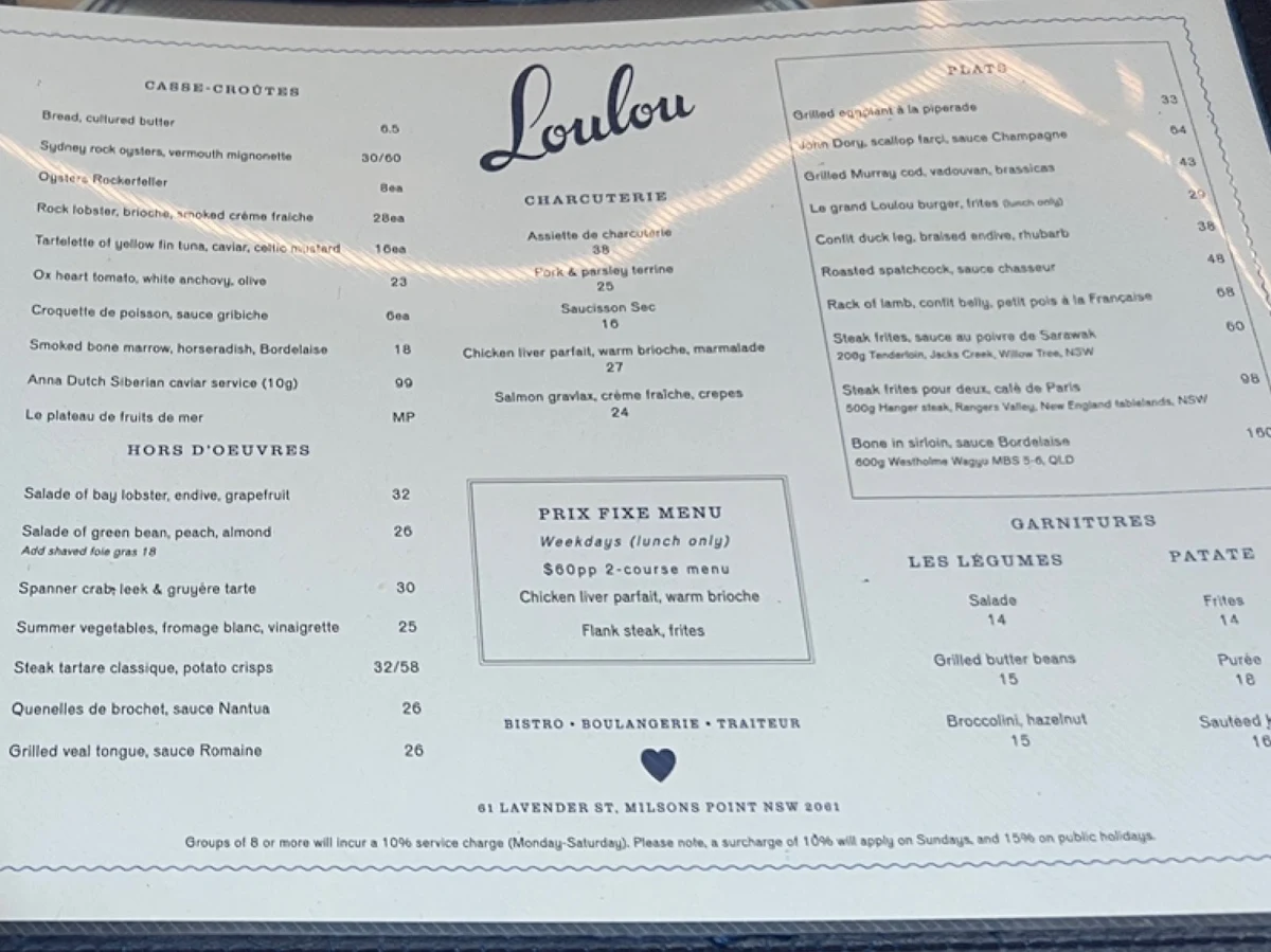 Menu, Loulou Bistro, Boulangerie & Traiteur